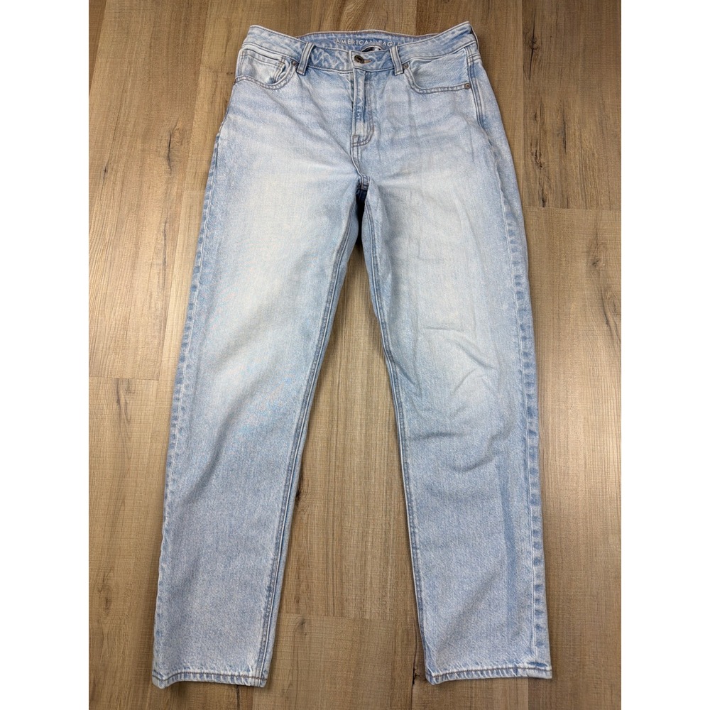 American‎ Eagle Mom Jeans Light Wash Blue High Waisted Strigid Womens Size 8